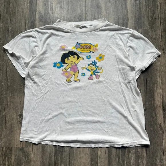 Vintage Dora the Explorer T-Shirt Cartoon Graphic Tee Kids White Distressed