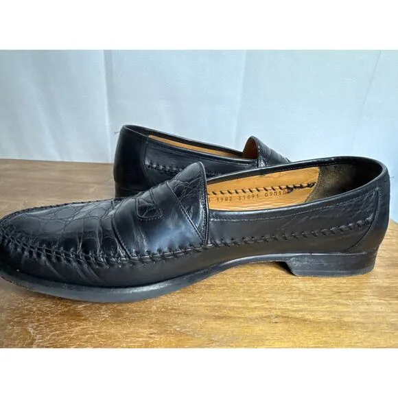 Vintage Johnston Murphy Domani Size 10.5 Black Crocodile Penny Loafer Moc Toe