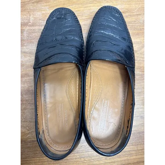 Vintage Johnston Murphy Domani Size 10.5 Black Crocodile Penny Loafer Moc Toe