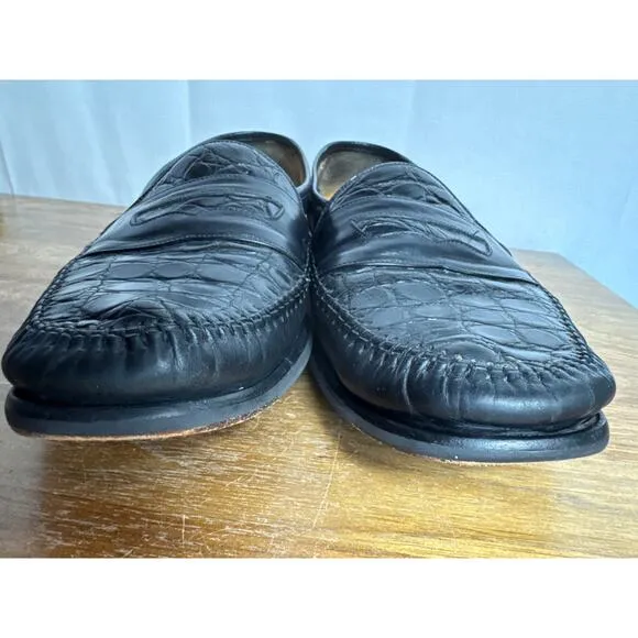 Vintage Johnston Murphy Domani Size 10.5 Black Crocodile Penny Loafer Moc Toe