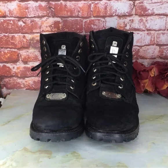 Vintage Karl Kane Black Leather Silver Logo Plate Lace Up Boots