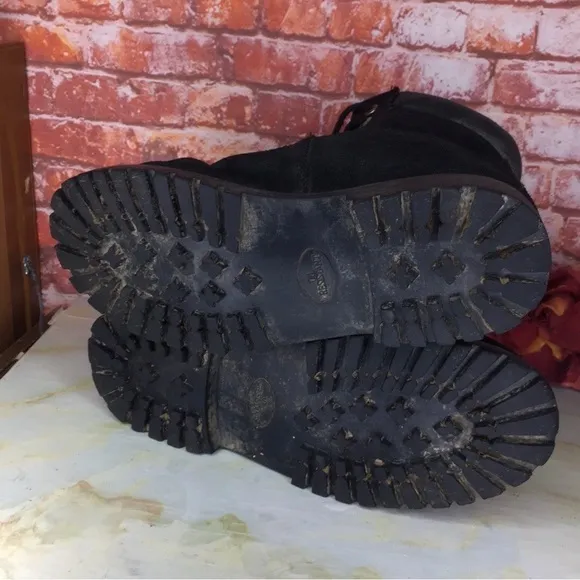 Vintage Karl Kane Black Leather Silver Logo Plate Lace Up Boots