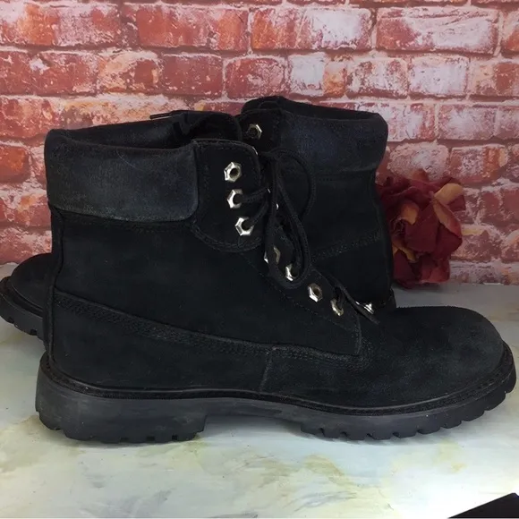 Vintage Karl Kane Black Leather Silver Logo Plate Lace Up Boots