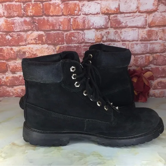 Vintage Karl Kane Black Leather Silver Logo Plate Lace Up Boots
