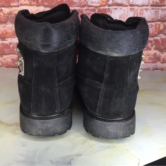 Vintage Karl Kane Black Leather Silver Logo Plate Lace Up Boots