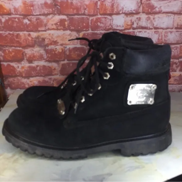 Vintage Karl Kane Black Leather Silver Logo Plate Lace Up Boots