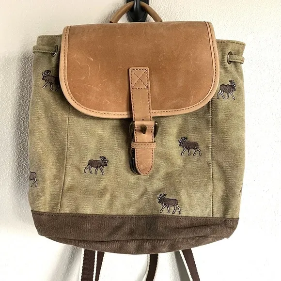 Vintage LL Bean Canvas Leather Backpack Moose Boat Bag Clasp 90s