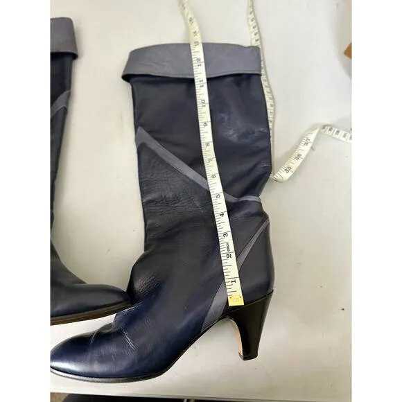 Vintage Navy Italian Leather Heeled Tall Below the Knee Boots Size 39.5