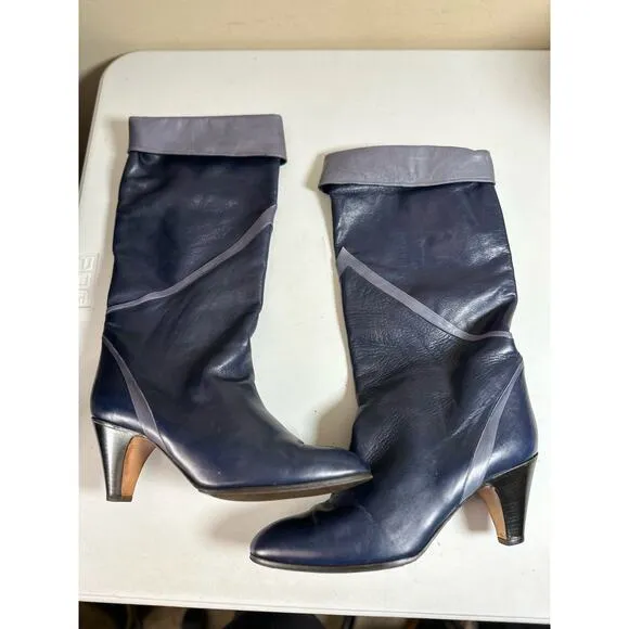 Vintage Navy Italian Leather Heeled Tall Below the Knee Boots Size 39.5