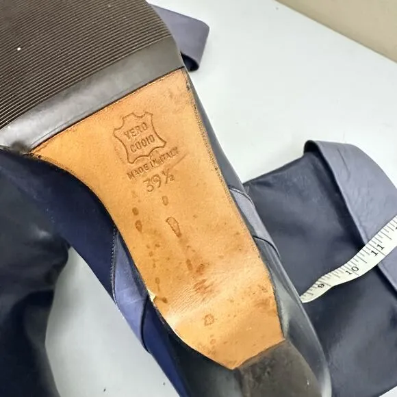 Vintage Navy Italian Leather Heeled Tall Below the Knee Boots Size 39.5