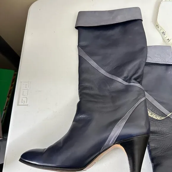 Vintage Navy Italian Leather Heeled Tall Below the Knee Boots Size 39.5