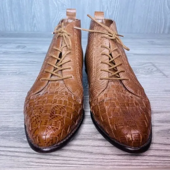 Vintage Nicole brown leather carmen 7.5 low top shoes lace woven boots retro
