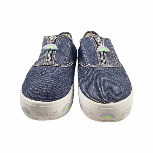 Vintage Powerpuff Girls Denim Shoes Embroidered Characters Zip Sneakers Size 3.5