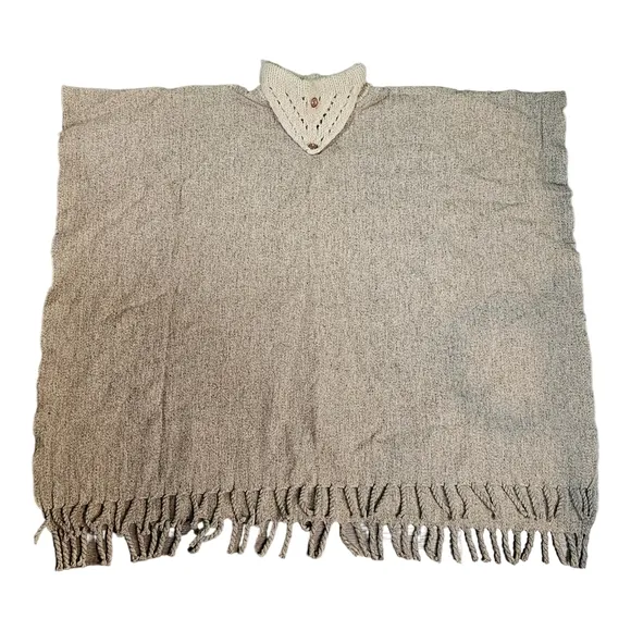 Vintage‎ Wool Poncho Fringe Brown Tan Blanket Ruana Cape 42 × 32&quot;