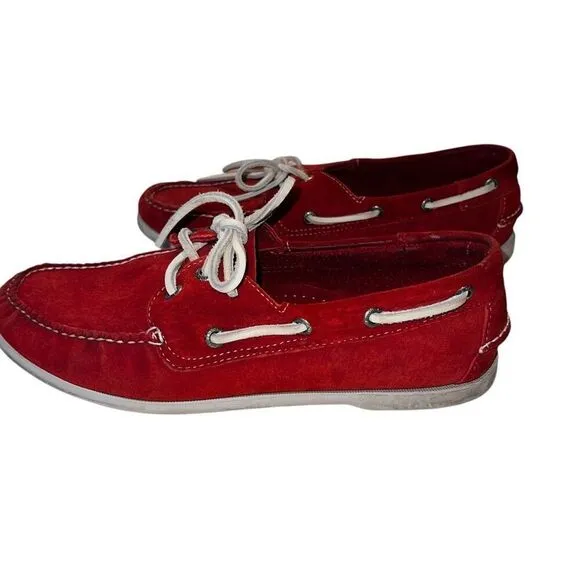 Vintage L.L. Bean Womens 9.5 Red Leather Topsider Boat Shoes White Rubber Soles