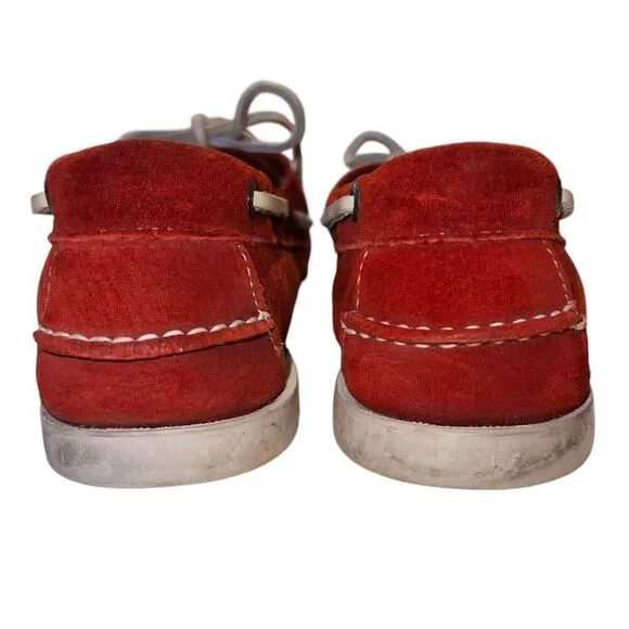 Vintage L.L. Bean Womens 9.5 Red Leather Topsider Boat Shoes White Rubber Soles