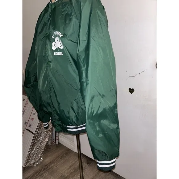 VTG Dennis St Patrick School Satin Bomber Youth Jacket Green 80s 90s USA sz M