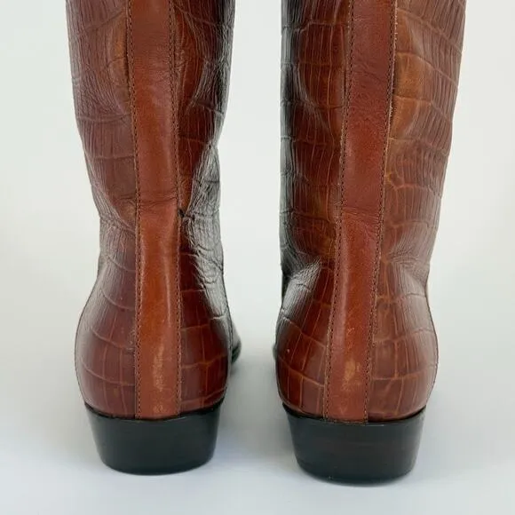 Vtg Saks Fifth Avenue Boots Sz 7.5 Brown Leather Tall Riding Flat Croc Embossed
