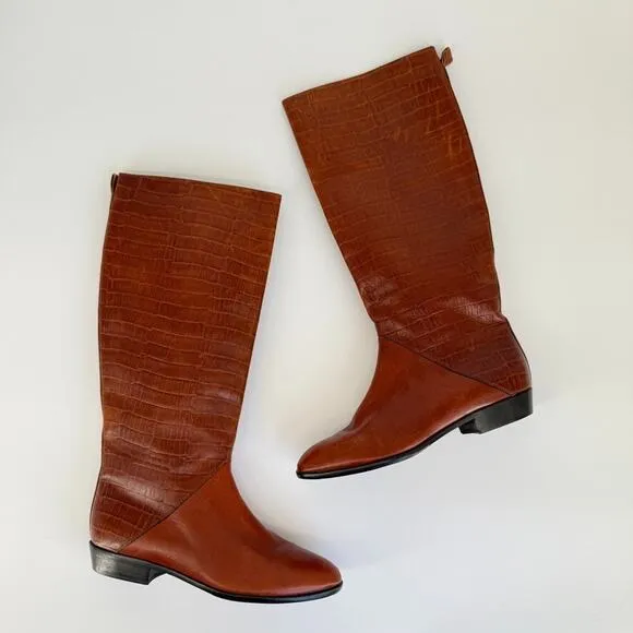 Vtg Saks Fifth Avenue Boots Sz 7.5 Brown Leather Tall Riding Flat Croc Embossed
