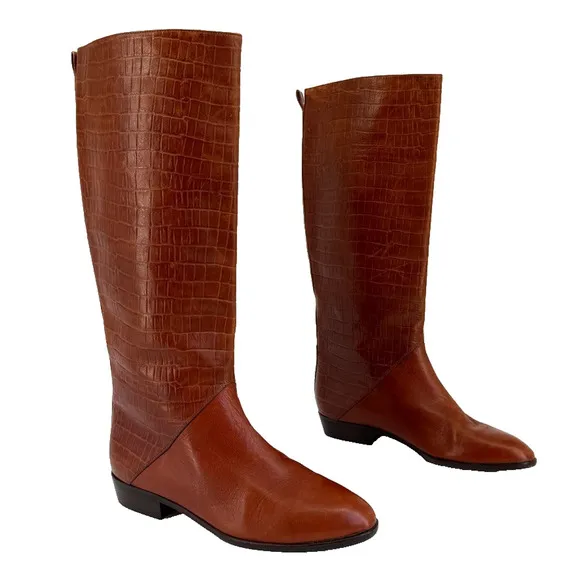 Vtg Saks Fifth Avenue Boots Sz 7.5 Brown Leather Tall Riding Flat Croc Embossed