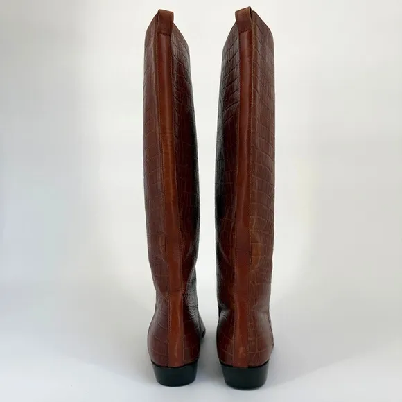 Vtg Saks Fifth Avenue Boots Sz 7.5 Brown Leather Tall Riding Flat Croc Embossed