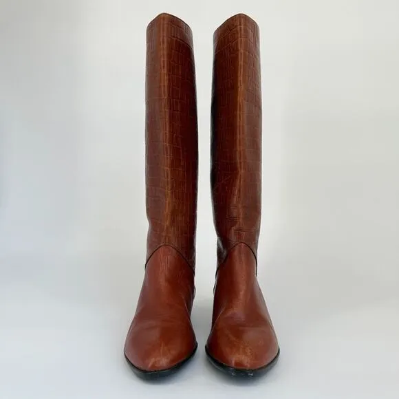 Vtg Saks Fifth Avenue Boots Sz 7.5 Brown Leather Tall Riding Flat Croc Embossed