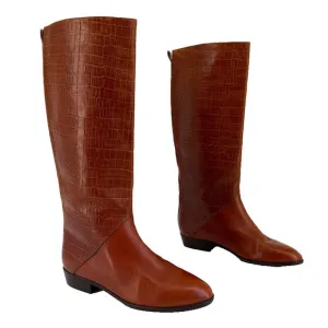 Vtg Saks Fifth Avenue Boots Sz 7.5 Brown Leather Tall Riding Flat Croc Embossed