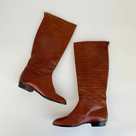 Vtg Saks Fifth Avenue Boots Sz 7.5 Brown Leather Tall Riding Flat Croc Embossed