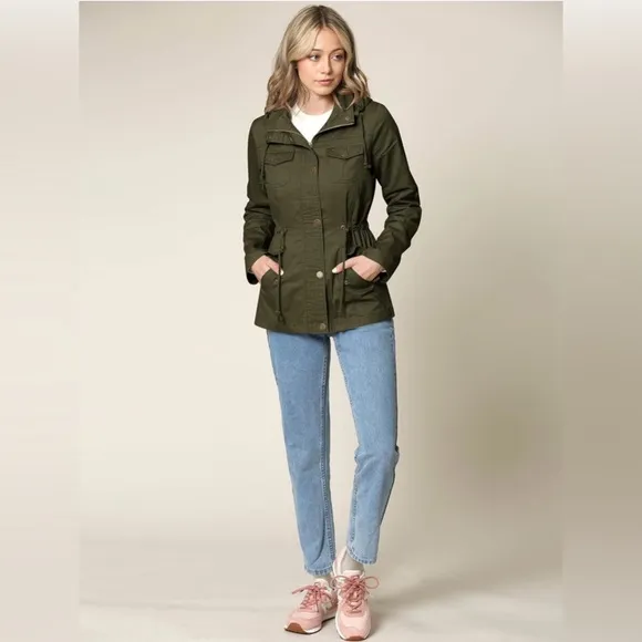 Women Casual Military Jacket Safari Utility Lightweight Detachable Hoodie