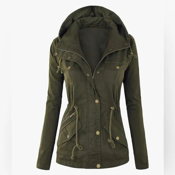Women Casual Military Jacket Safari Utility Lightweight Detachable Hoodie
