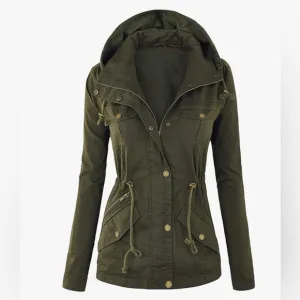 Women Casual Military Jacket Safari Utility Lightweight Detachable Hoodie