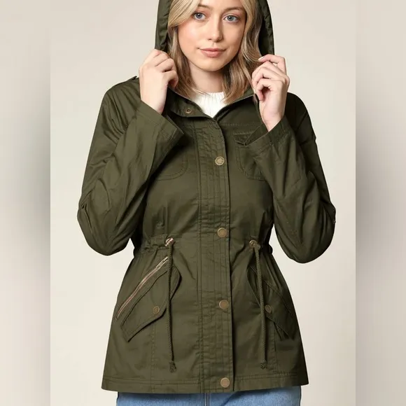 Women Casual Military Jacket Safari Utility Lightweight Detachable Hoodie