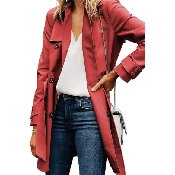Women Lapel Solid Button Down Blazer Long  Windbreaker Trench Coat
