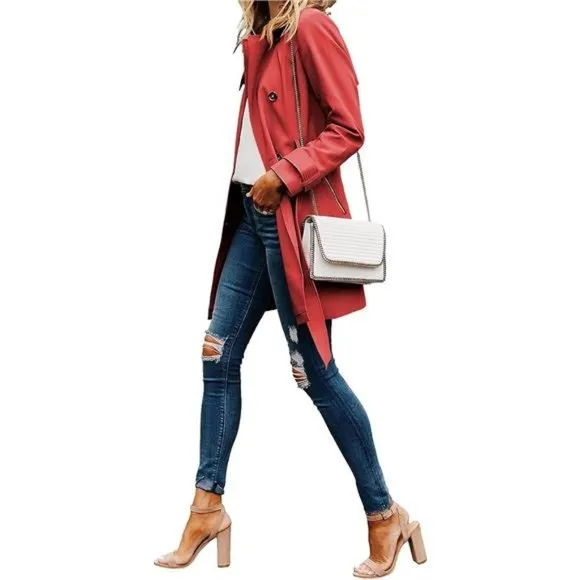 Women Lapel Solid Button Down Blazer Long  Windbreaker Trench Coat