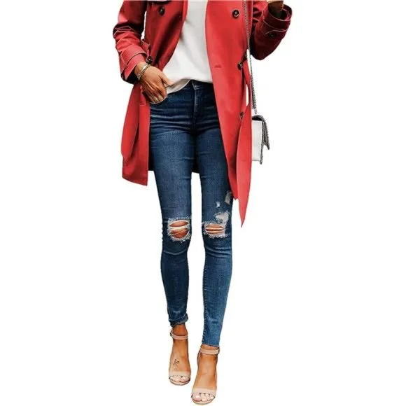 Women Lapel Solid Button Down Blazer Long  Windbreaker Trench Coat