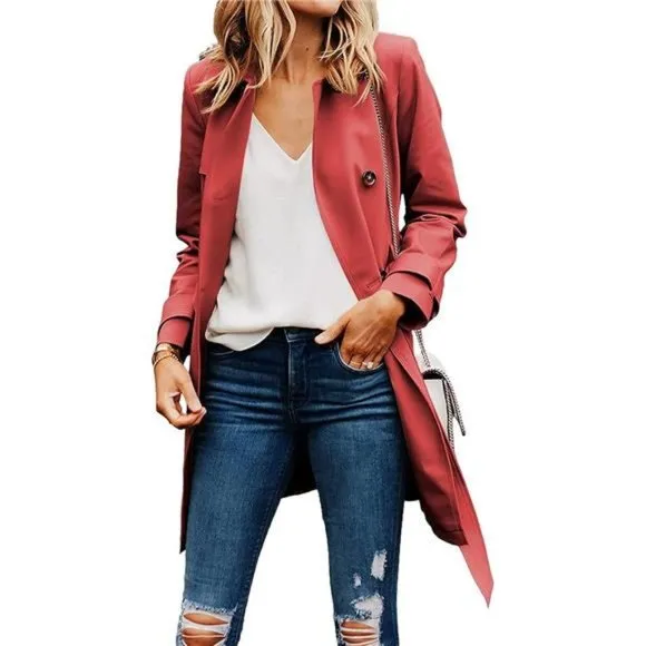 Women Lapel Solid Button Down Blazer Long  Windbreaker Trench Coat