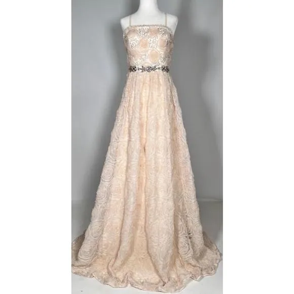 Women's Adrianna Papell Pink Chiffon Floral Appliqué Jewelled Dress Gown Size 4