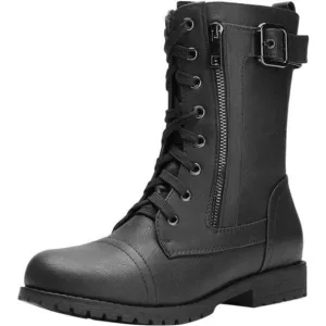 Women's Ankle Bootie Winter Lace up Mid Calf Military Combat Boots, Black