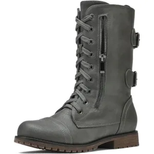 Women's Ankle Bootie Winter Lace up Mid Calf Military Combat Boots, Terran-grey