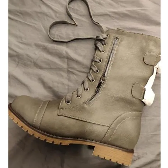 Women's Ankle Bootie Winter Lace up Mid Calf Military Combat Boots, Terran-grey