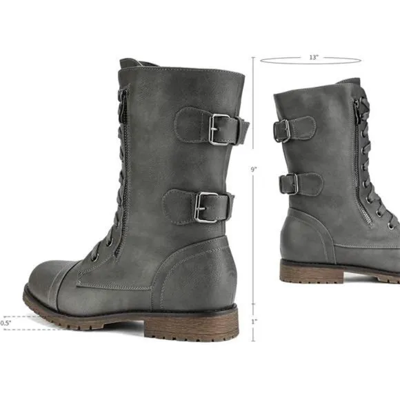 Women's Ankle Bootie Winter Lace up Mid Calf Military Combat Boots, Terran-grey