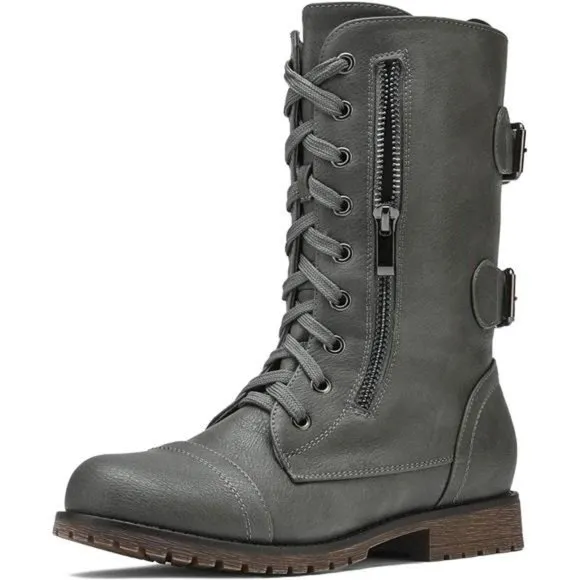 Women's Ankle Bootie Winter Lace up Mid Calf Military Combat Boots, Terran-grey