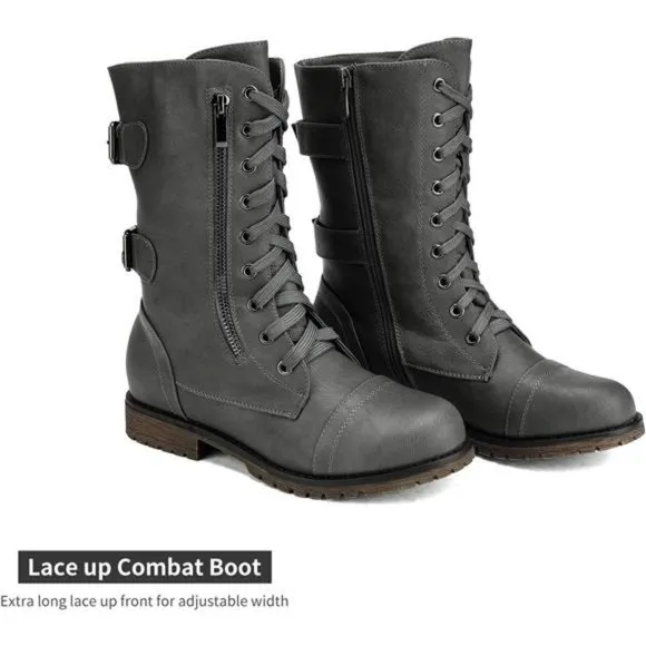 Women's Ankle Bootie Winter Lace up Mid Calf Military Combat Boots, Terran-grey