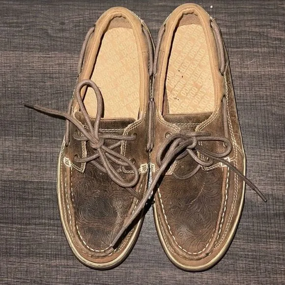 Women’s Durango tooled leather Music City Boat Shoes, Size 7.5
