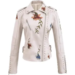 Women's Embroidered Studded Xhpy Beige Faux Leather Jacket  Floral Coat