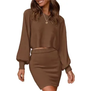 Women's Puff Sleeve 2 Piece Knit Crop Top Bodycon Skirt Set Sweater - Brown