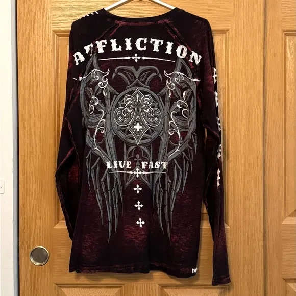 Y2K Affliction Angel Wings Red Maroon Men's Long Sleeve | Size XL