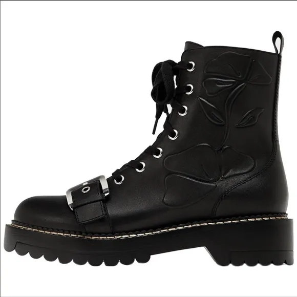 Zara Black Leather Embossed Military Style Boots size 6.5 or 37