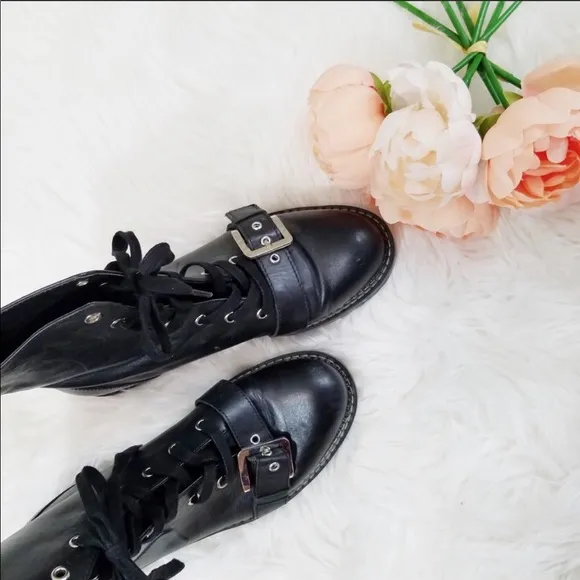 Zara Black Leather Embossed Military Style Boots size 6.5 or 37
