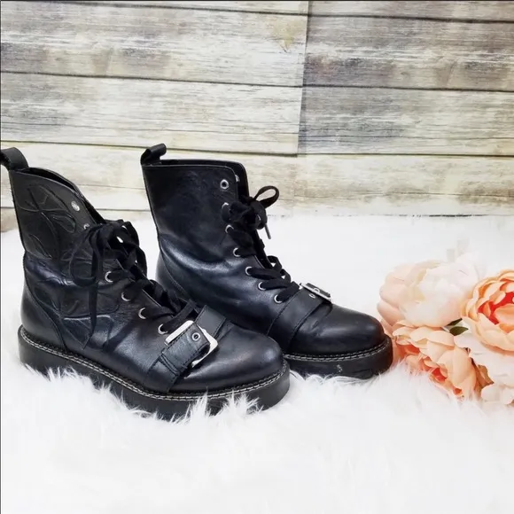 Zara Black Leather Embossed Military Style Boots size 6.5 or 37